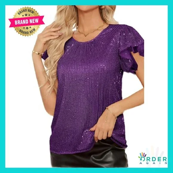 Sparkly Sequin Blouse Elegant Party Top Ruffle Sleeve Glitter Chic Y2K